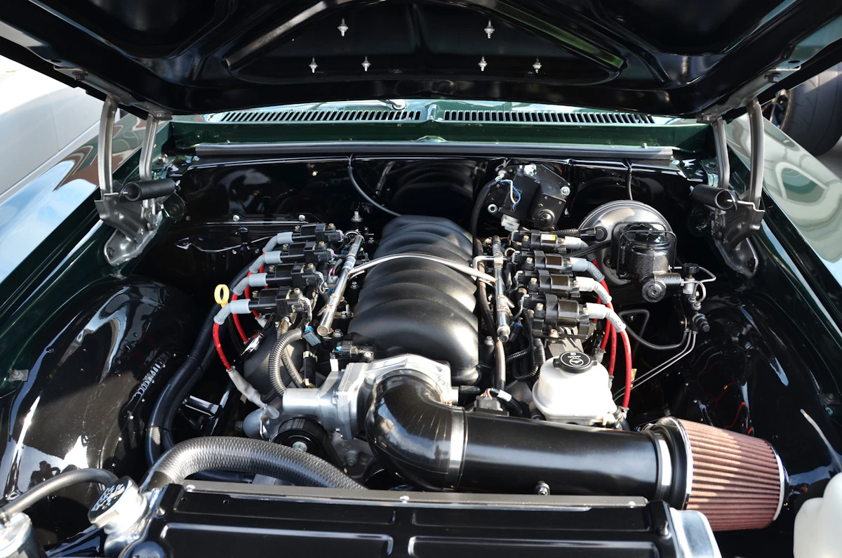 Classic car engine bay with the hood open